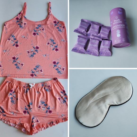 Gently Used Pink Flower Pajama Spa Set XL – Lavender Shower Steamers & Sleep Mas - Picture 1 of 9
